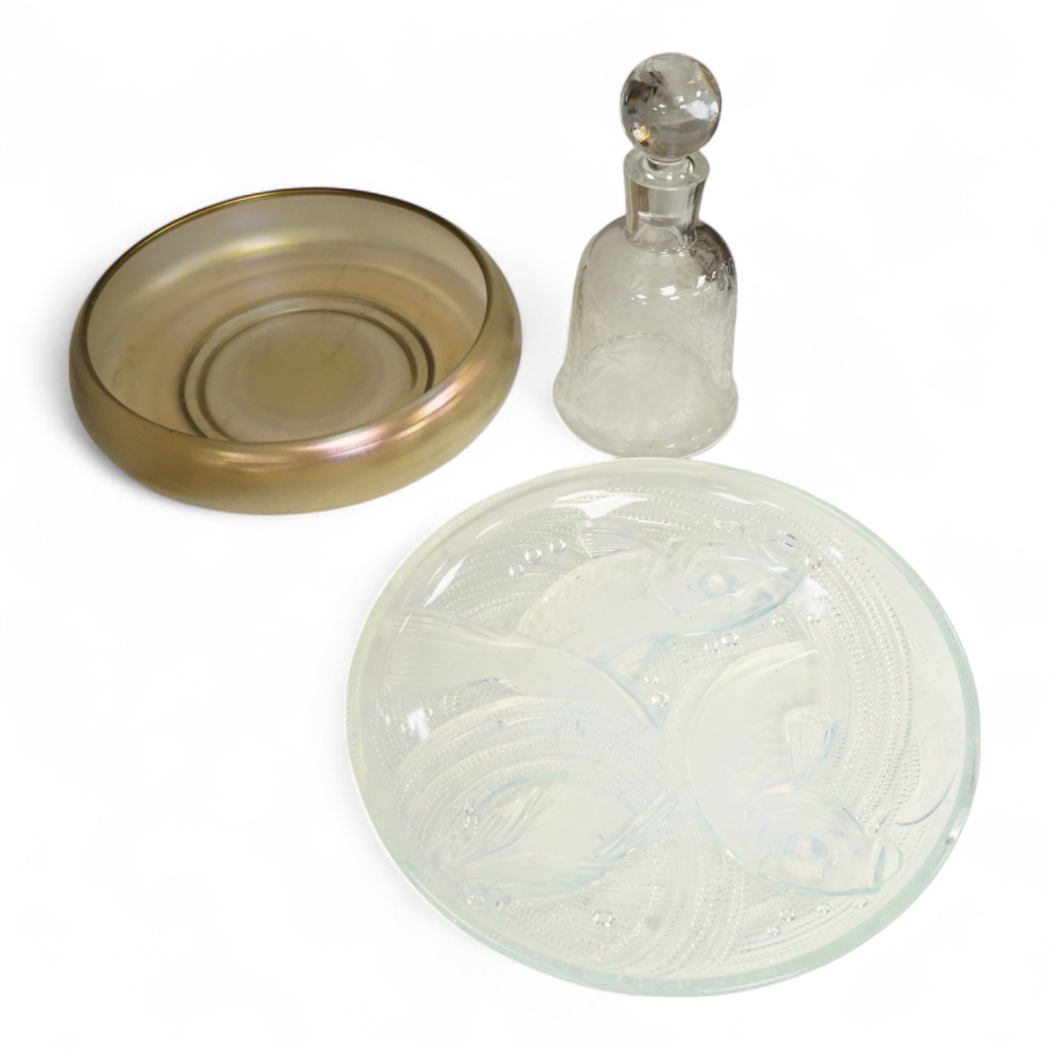 A Baccarat Argentina botanical decanter and a stopper, a Lalique-style opalescent dish and a glass lustre bowl, largest 30cm in diameter